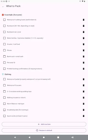 What to pack in West Highland Way Companion on Android