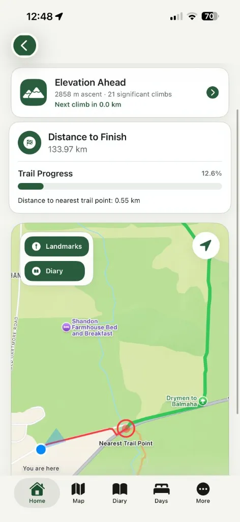 Map and live position in West Highland Way Companion on iPhone