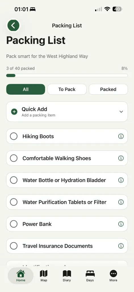 Packing list in West Highland Way Companion on iPhone