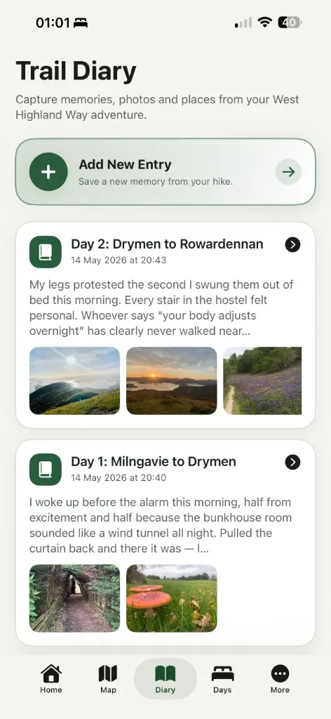 Trail diary in West Highland Way Companion on iPhone