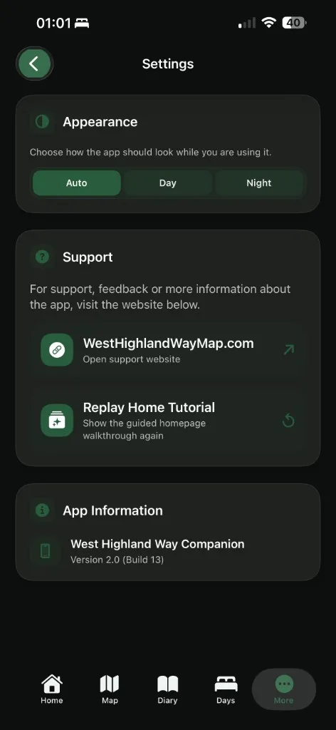 Day and night mode in West Highland Way Companion on iPhone
